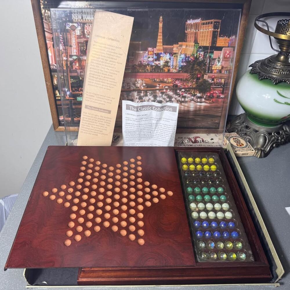 Classic Collection Chinese Checkers Wood Board Game Glass Marbles Complete 14x14